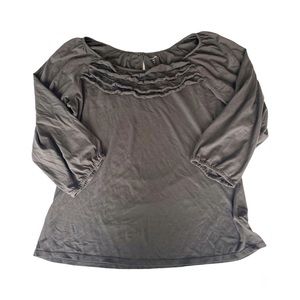 Garnet Hill Pima Cotton Ruffle Neck Top Gray 3/4 Sleeve Blouse Women’s Medium